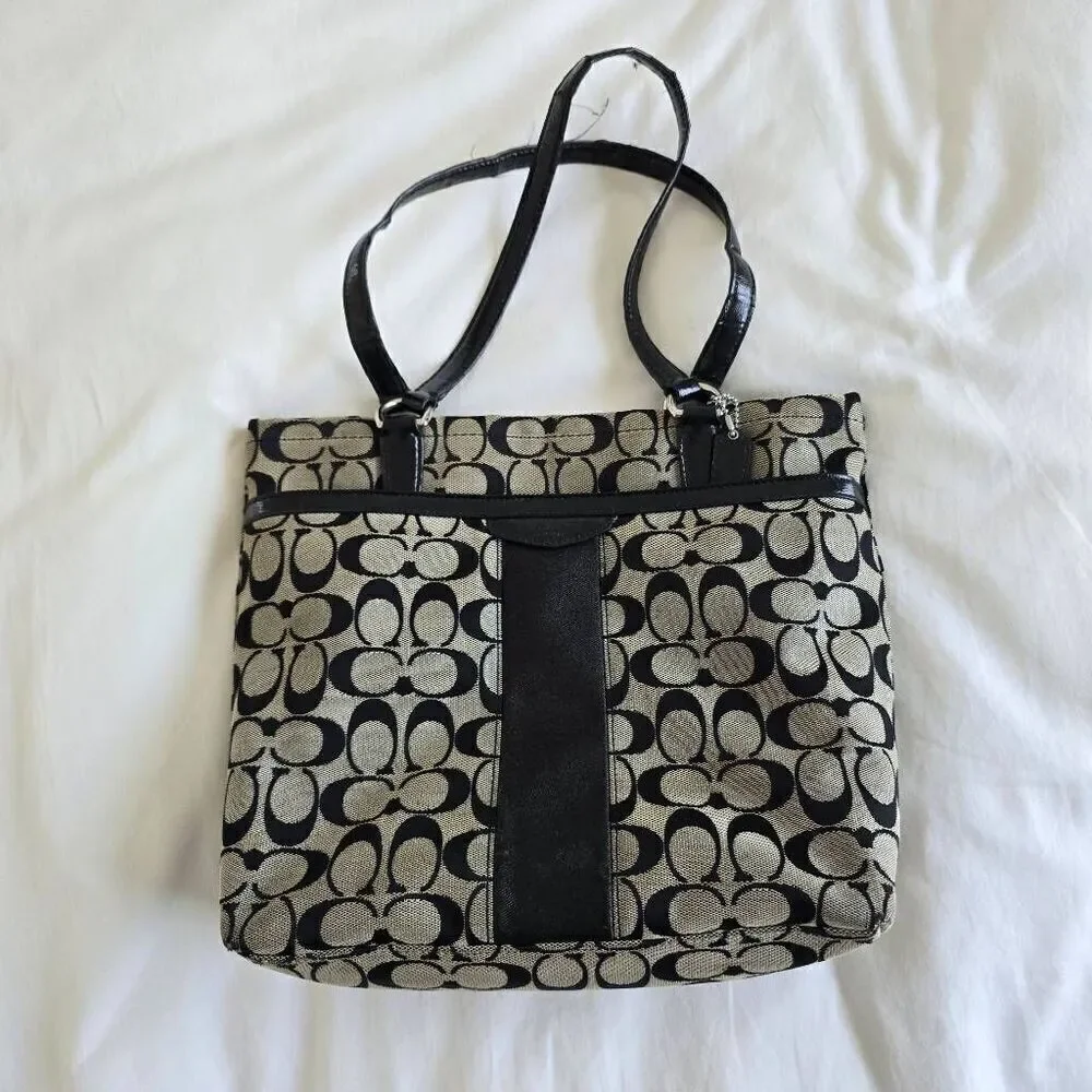 Coach NY Women's Medium‎ Black Gray Canvas Leather Strap Stylish Tote Handbag